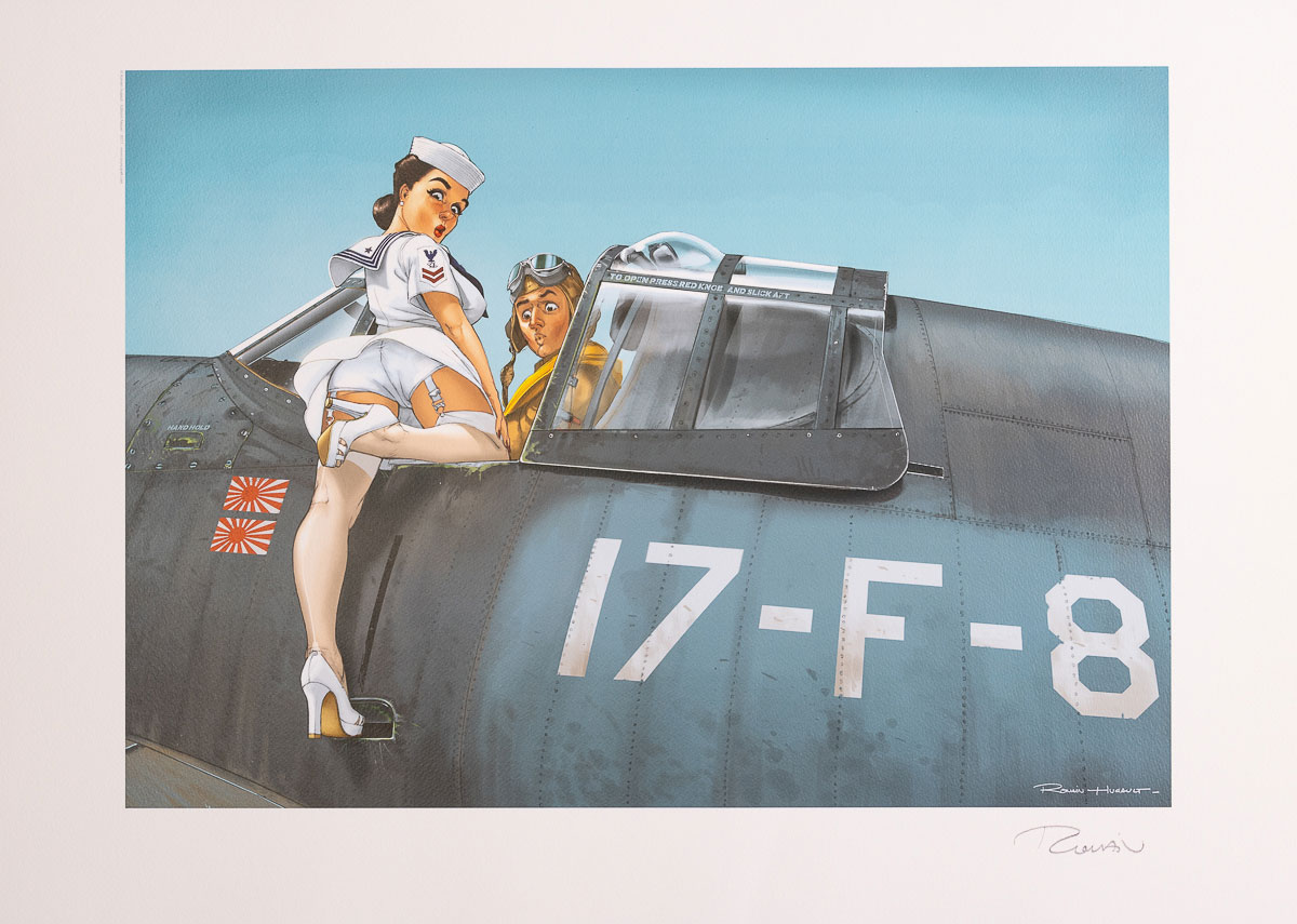 Affiche signée Romain Hugault : Pin-up, Avion 17-F-8
