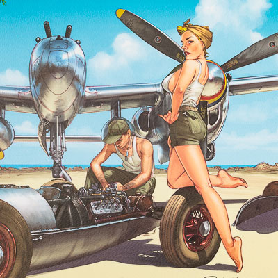 Affiche signée Romain Hugault : Pin-up, Avion P38 et voiture