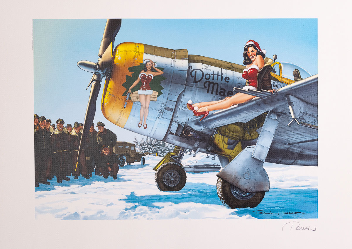 Affiche signée Romain Hugault : Pin-up, Avion 17-F-8