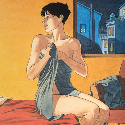 Affiche signée André Juillard : Louise assise sur le lit
