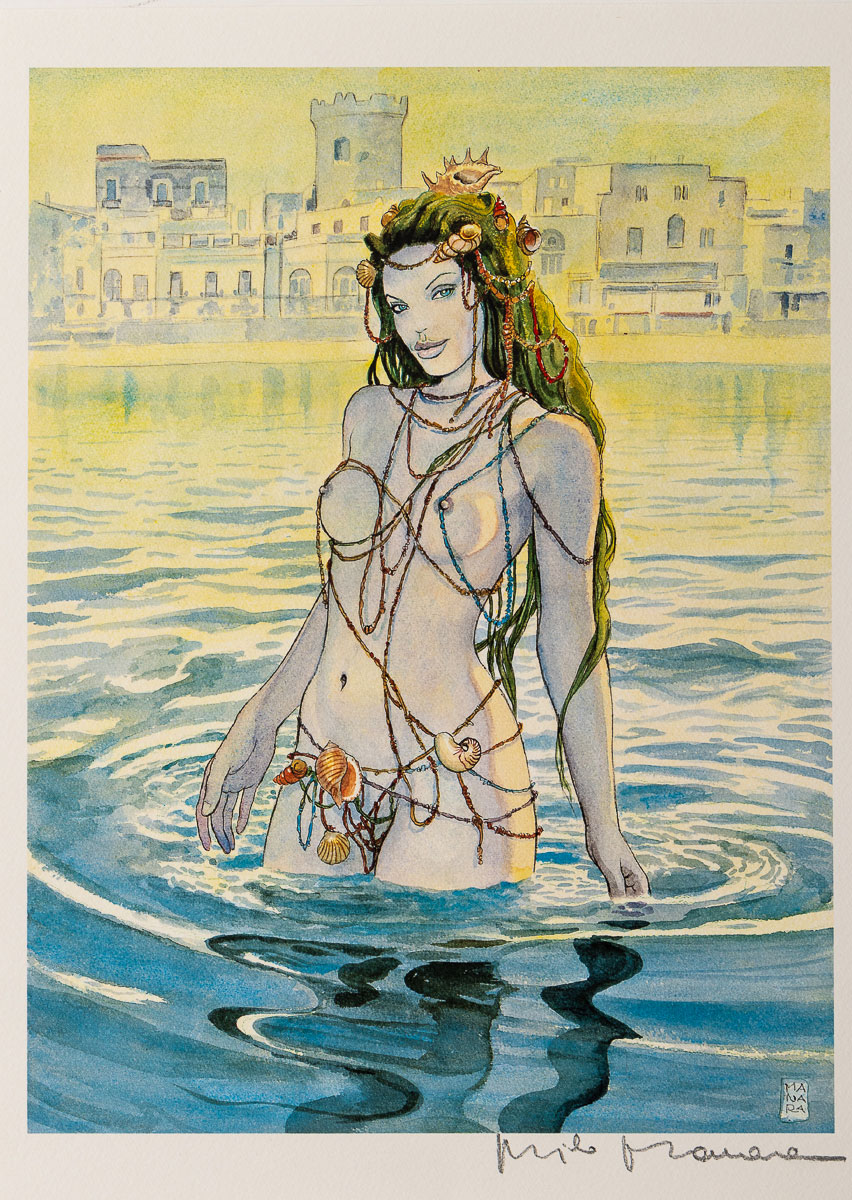 Milo Manara signed Art Print : Partenope emerging from the water