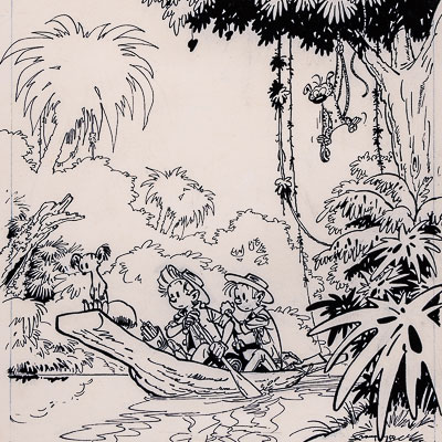 Lámina pigmentaria Franquin : Spirou, Fantasio y el Marsupilami - La canoa