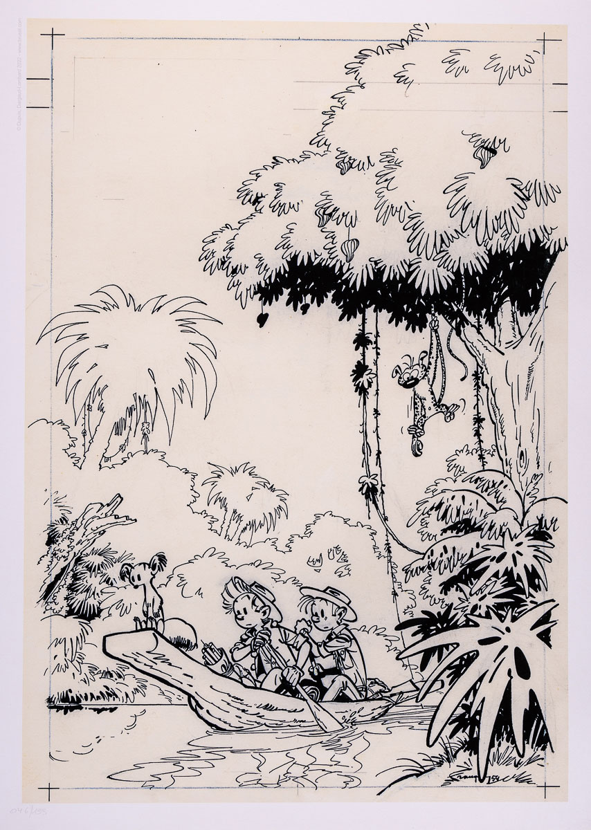 Franquin Fine Art Pigment Print : Spirou, Fantasio, and the Marsupilami - The canoe