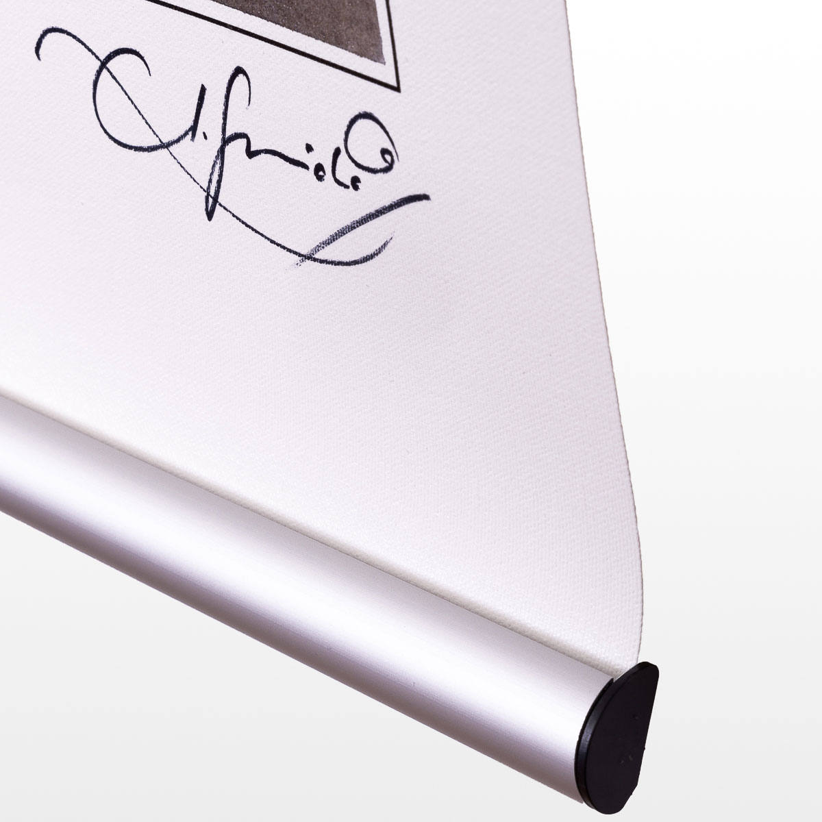 Stampa pigmentata su tela firmata da Guarnido: Minute Waltz - Dettaglio del sistema di appeso e firma di Guarnido
