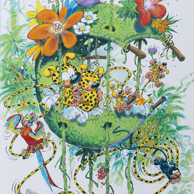 Ex-libris firmado por Batem: Marsupilami - Familia Marsu y Mars el Negro