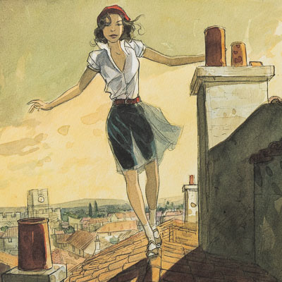 Ex-libris signé Gibrat : Jeanne sur les toits