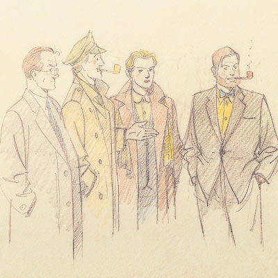 Ex-libris signé André Juillard : Blake et Mortimer - Quatuor en réunion
