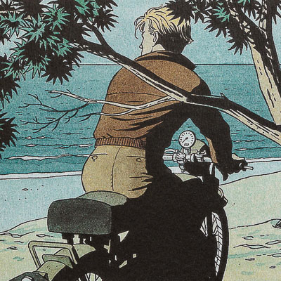 Ex-libris signé André Juillard : Mezek, Moto sur la plage