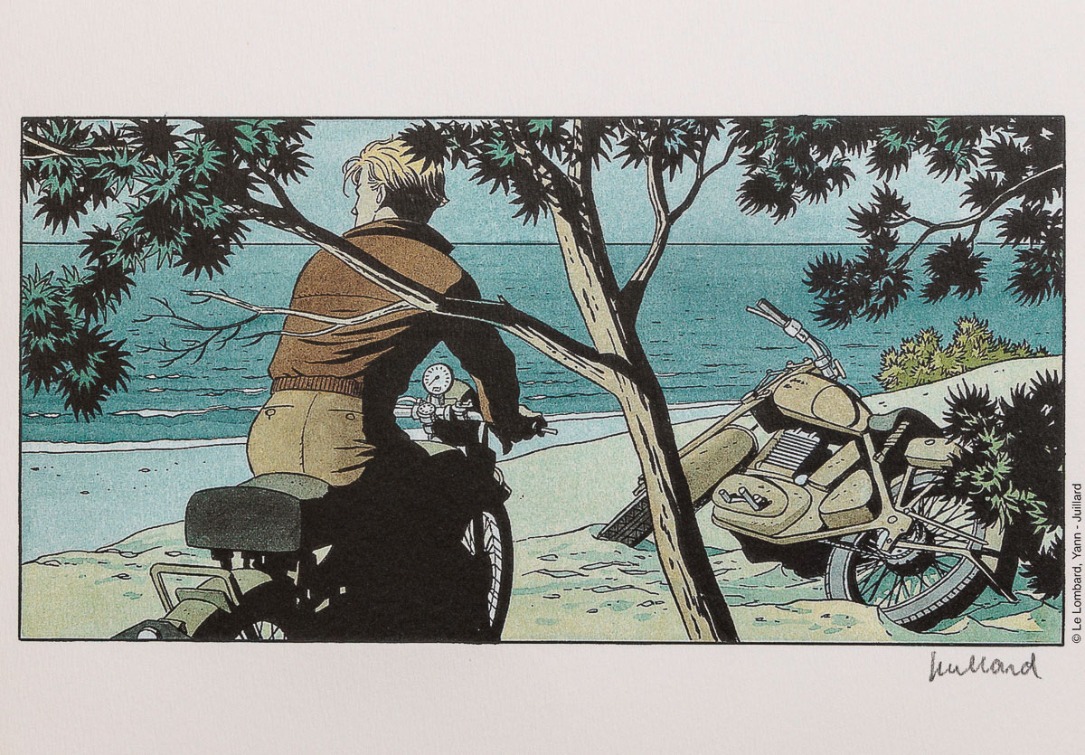 Ex-libris firmado André Juillard : Mezek, Moto sur la plage