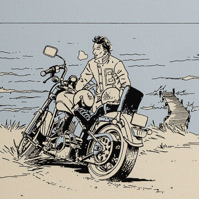 Ex-libris signé Francq : Largo Winch, moto sur la plage