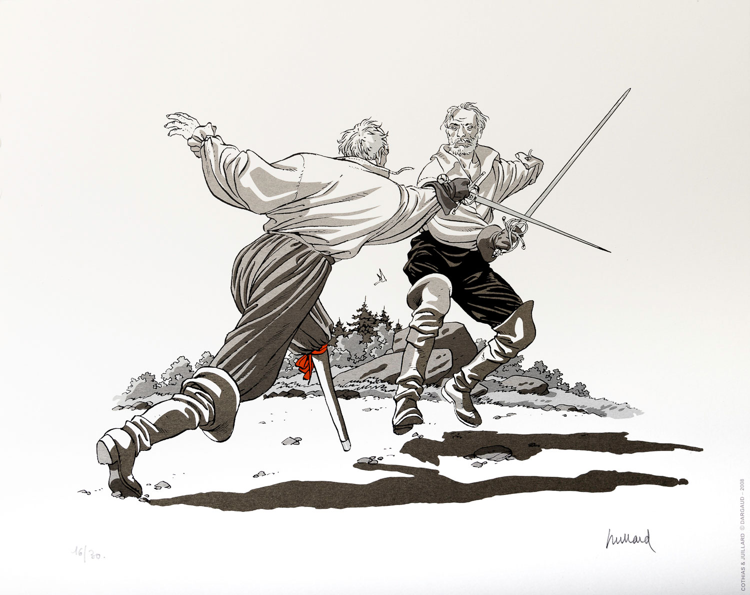 Serigrafia firmata Juillard : Plume aux Vents : Duel (ruban rouge)