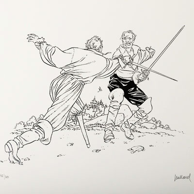 Serigrafia firmata Juillard : Plume aux Vents : Duel (trait noir)