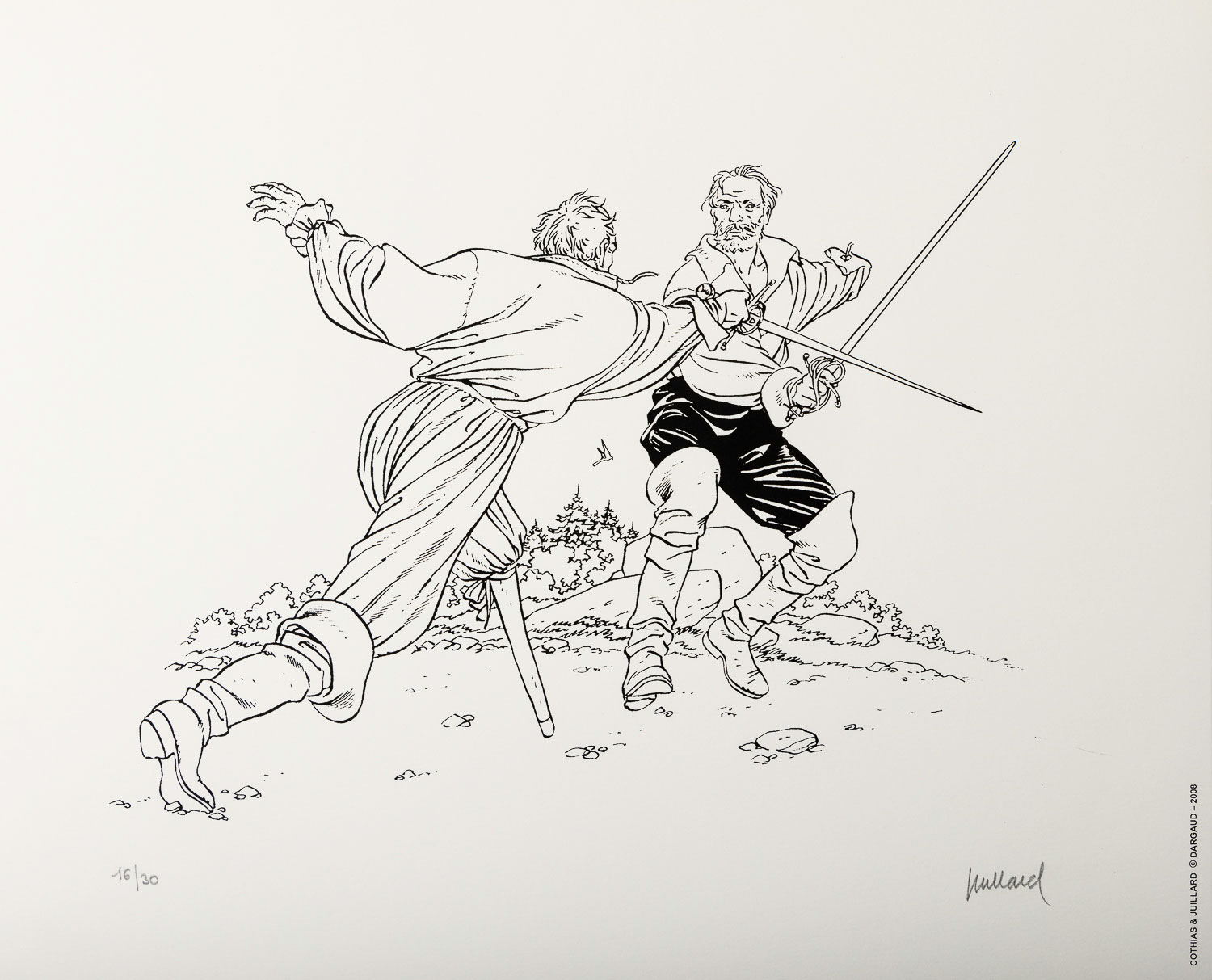André Juillard signed serigraph : Plume aux Vents : Duel (trait noir) - Framed serigraph 