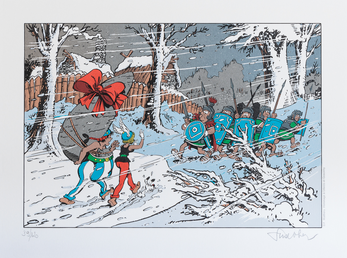 Serigrafia firmata François Walthéry : Natale nella neve - Serigrafia incorniciata