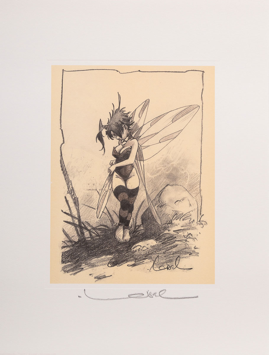 Loisel Art Print (signed or unsigned): Tinker Bell smoothes her wing - Framed print signed
