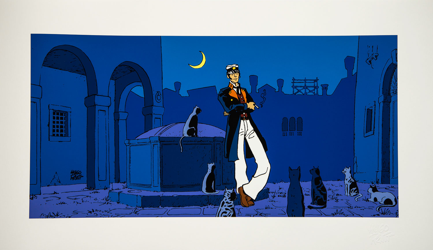 Lámina pigmentaria Hugo Pratt : Corto, teatro y gatos - Lámina 60 x 35 cm